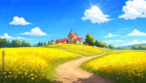 Vibrant Yellow Flower Fields Leading to a Charming Village