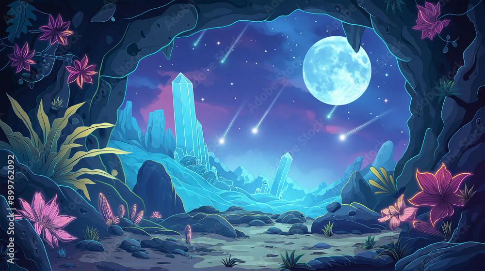 Alien planet surface with crystal at the night, game background, slot game background, video game, Illustration Alien planet surface with crystal at the night, game background, slot game background, video game, Illustration