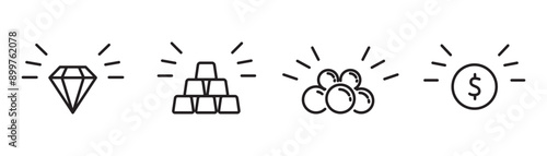 Asset line icon set. Includes icons such as gold, diamonds, money, valuables, diamonds, pearls, coins currency icons, in vector Eps10 form on transparent background.