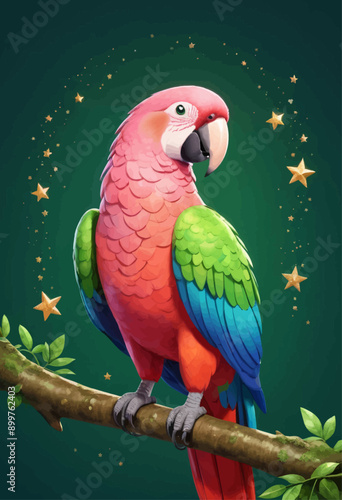 Vibrant Parrot Perched on Branch with Starry Sky Background