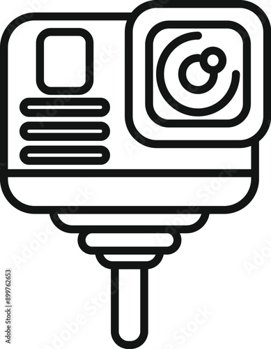 Line icon of an action camera recording, placed on a monopod