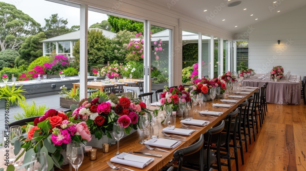 Obraz premium A beautifully arranged long table with pink roses and candles set for an outdoor wedding reception amidst lush greenery