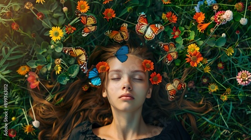 Wallpaper Mural A woman lying on a grassy meadow with a dreamy look, her head surrounded by a halo of vibrant flowers and butterflies, symbolizing mental freedom and optimism. Torontodigital.ca