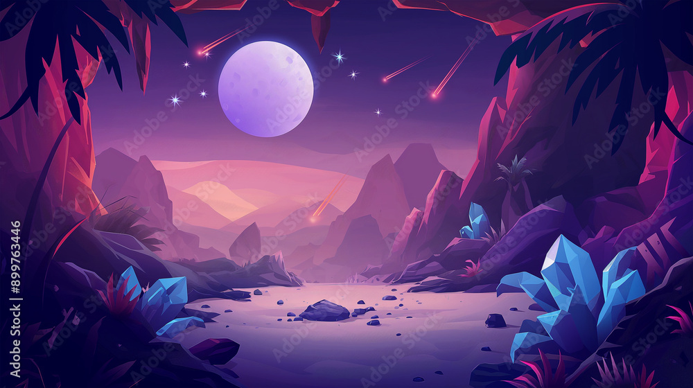 Alien planet surface with crystal at the night, game background, slot game background, video game, Illustration Alien planet surface with crystal at the night, game background, slot game background, video game, Illustration