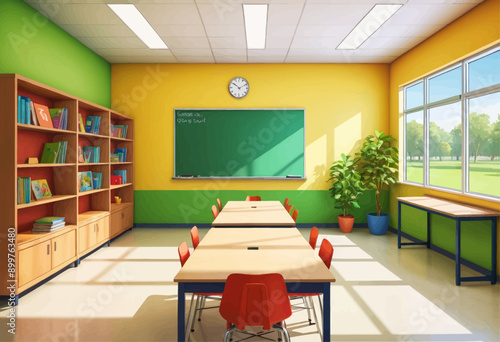Vibrant Classroom with Green Wall and Wooden Desks