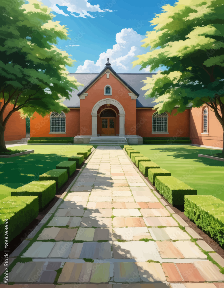 Fototapeta premium Vibrant Church Courtyard with Manicured Lawn and Colorful Tiled Pathway