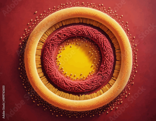 Vibrant Circular Artwork with Yellow and Red Center, Surrounded by Gold Sticks