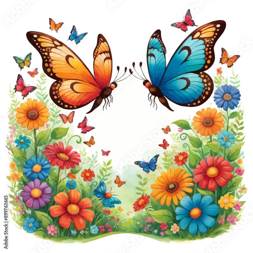 Vibrant Butterfly Garden with Colorful Flowers and Butterflies