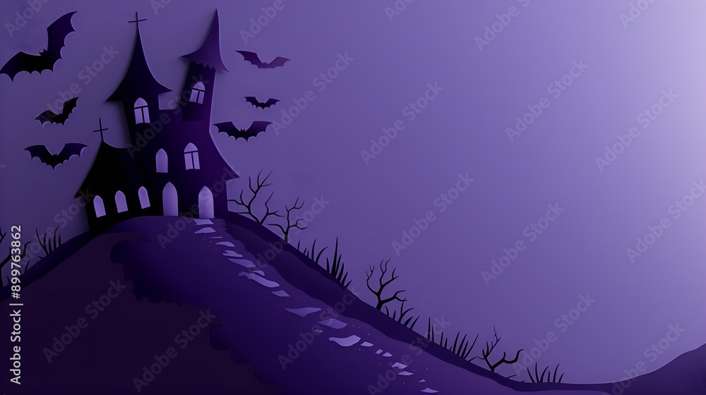 Fototapeta premium Spooky Haunted House on a Hill Paper Cut Art with Bats and Purple Background
