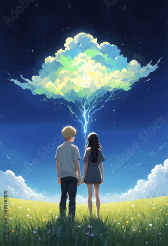 Utopian Dream: A Couple's Embrace Under a Cloudy Sky