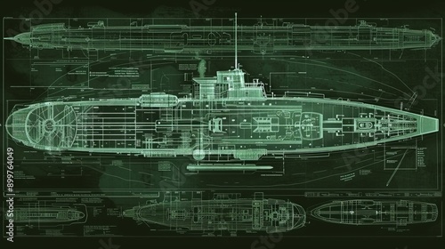 A green-toned technical blueprint showcasing the detailed schematics of a modern submarine. The precision and clarity of this illustration make it an invaluable resource for engineers and designers in