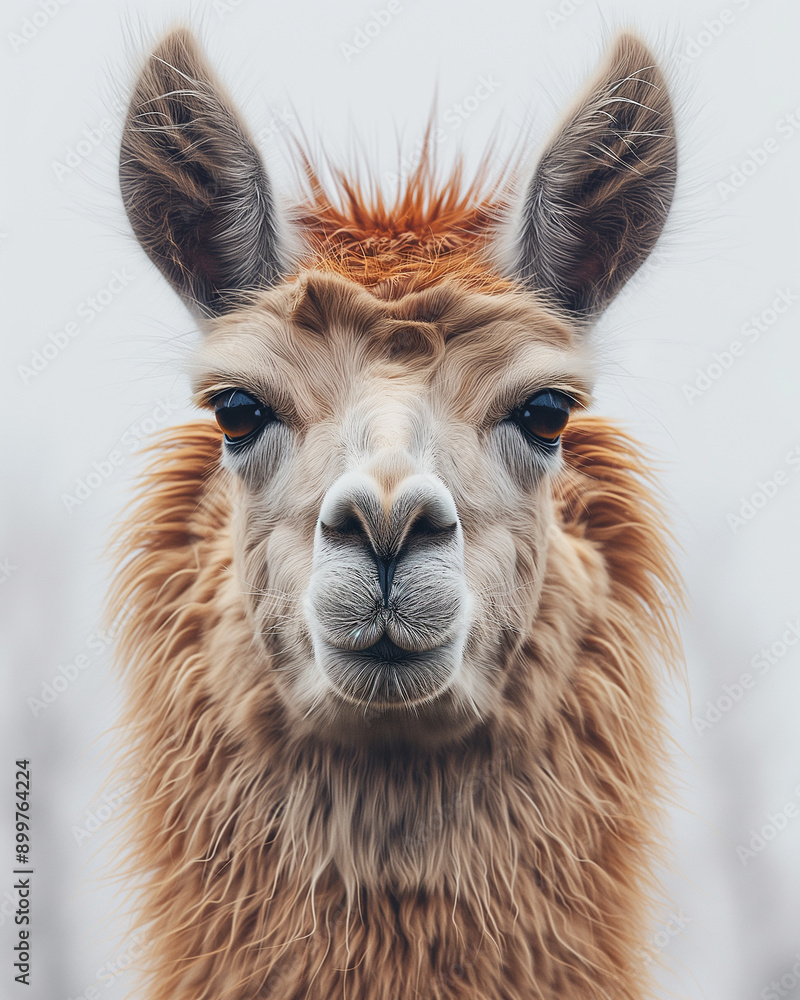 Obraz premium Close up portrait of a furry brown llama with expressive eyes and fluffy fur in nature