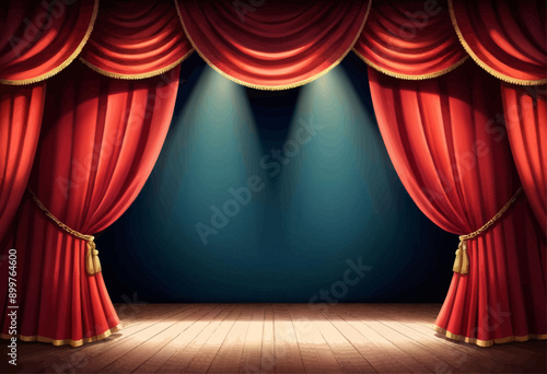 Theater Curtains: Red Stage Curtain with Gold Trim, Illuminated Stage Lighting, Wooden Floor, Empty Theater, Dramatic Lighting Effects