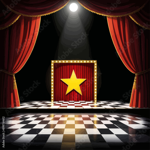 Theater Stage with Red Curtains and Yellow Star