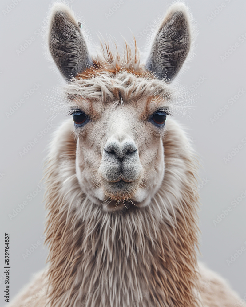 Fototapeta premium Close up portrait of a cute furry lama with expressive face and domesticated features