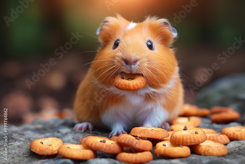 Adorable hamster eating a cookie, a cute pet animal enjoying a snack outdoors in nature