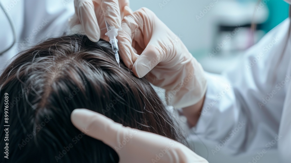 Fototapeta premium A close-up of a medical procedure where a healthcare professional is administering an injection into a patient's scalp. The detailed focus on the hands and injection highlights the meticulous care and