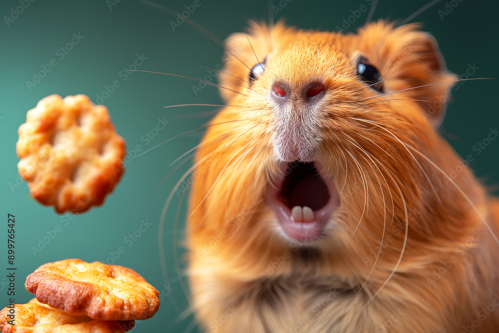 Surprised furry hamster with cheese snack and crackers on green background, adorable and funny expression Surprised furry hamster with cheese snack and crackers on green background, adorable and funny expression