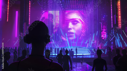 Futuristic illustration cartoon background with a festival or night disco club party with a lot of people crowd shadows. A technical AI cyber purple hologram in the middle of club.