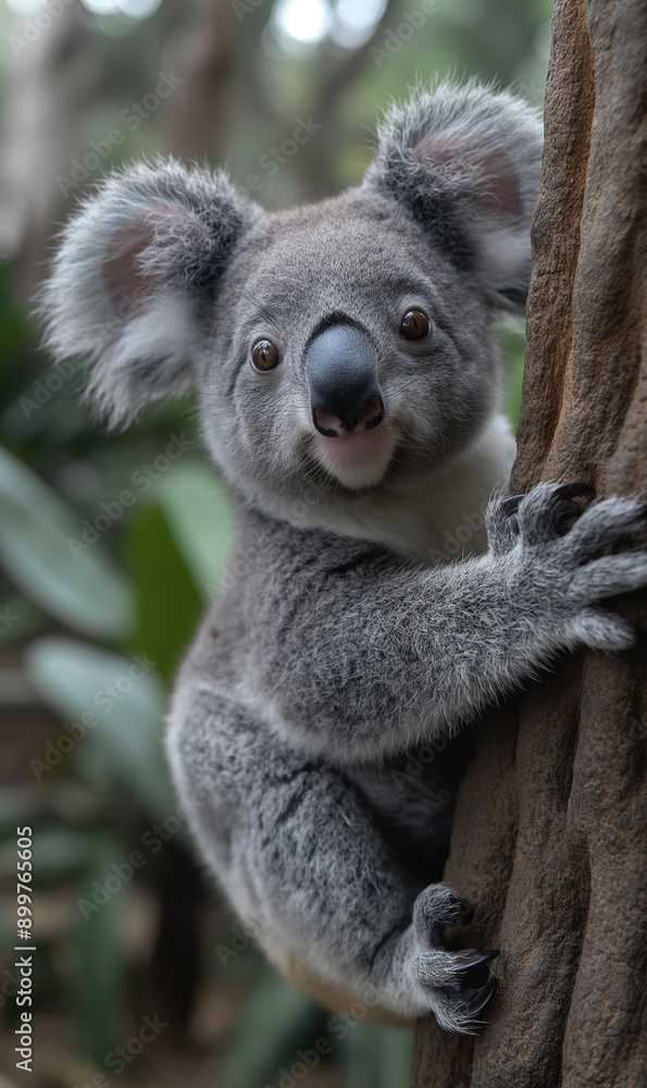 Naklejka premium Cute koala marsupial climbing tree in forest, showcasing Australian wildlife and nature