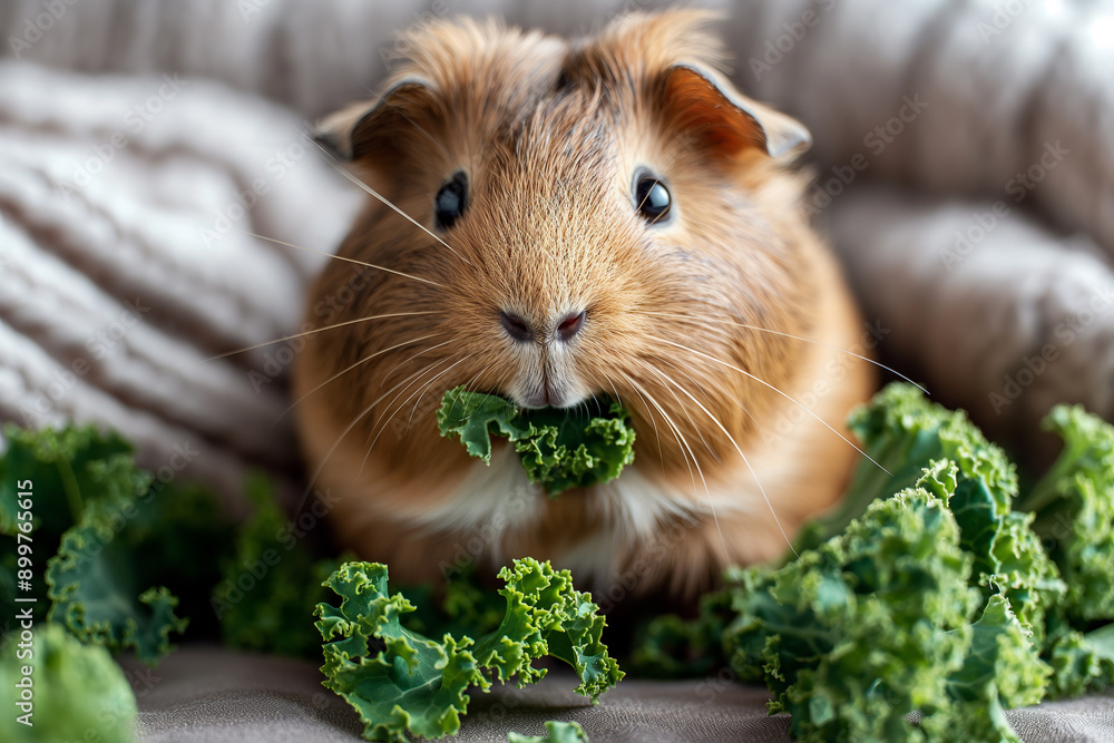 Cute brown guinea pig with fur and whiskers, eating green kale vegetables, adorable closeup portrait Cute brown guinea pig with fur and whiskers, eating green kale vegetables, adorable closeup portrait