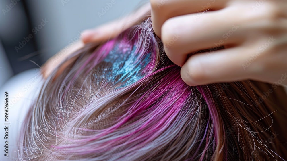 Obraz premium A close-up shot showcasing vibrant hair dyed in pink and purple hues with blue glitter at the roots. The image highlights the texture and sparkle, perfect for beauty and hair care themes.
