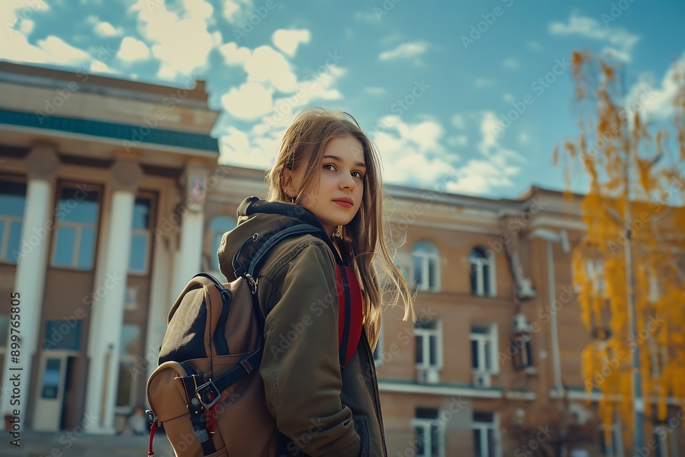 Fototapeta premium Cute School Girl With Backpack in Front of School Building