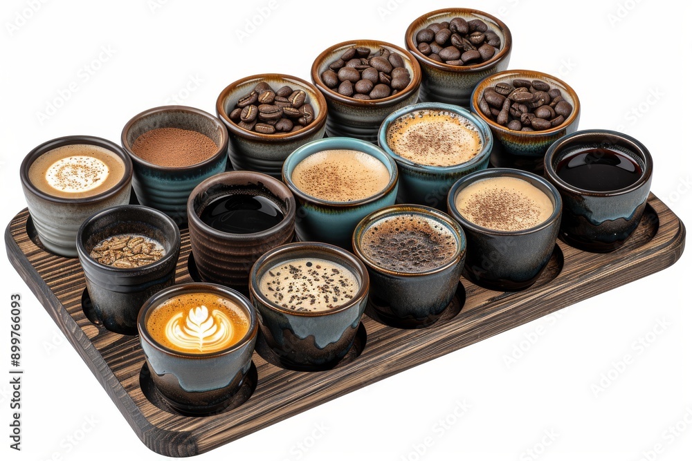 Assortment of coffee cups on a tray showcasing variety and richness in coffee culture Assortment of coffee cups on a tray showcasing variety and richness in coffee culture