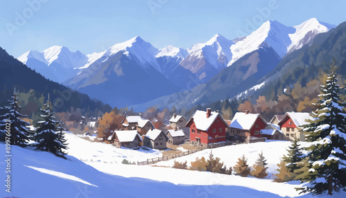 Snowy Village Scenery with Mountain View