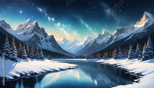 Snowy Mountain Range with Reflective Lake at Dusk