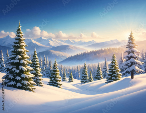 Snowy Mountain Forest at Sunrise