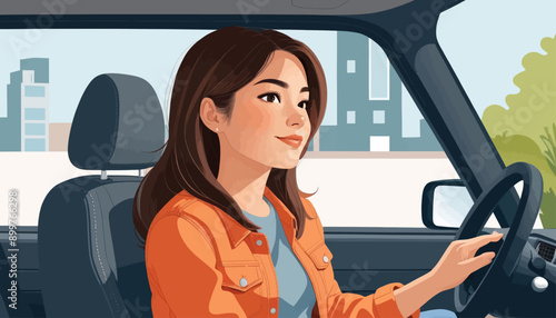 Smiling Woman Driving Car
