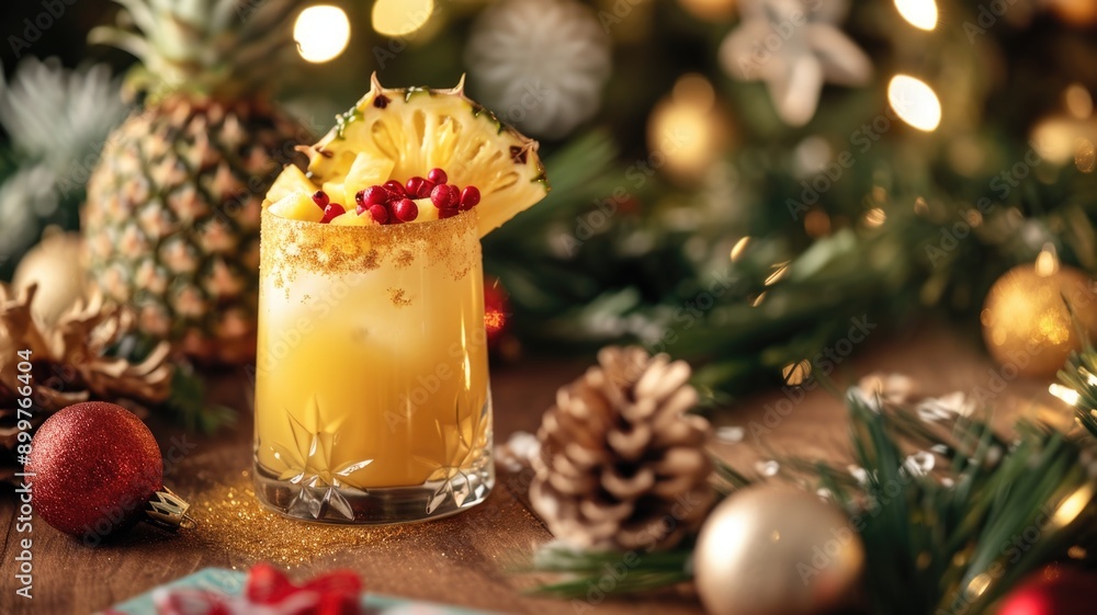 Festive table setting featuring a pineapple centerpiece, surrounded by golden decorations and champagne glasses. Festive table setting featuring a pineapple centerpiece, surrounded by golden decorations and champagne glasses.