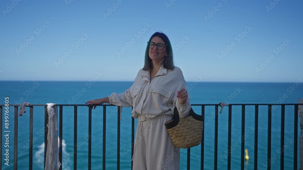 Young hispanic woman admiring the beautiful sea view at a polignano a mare, puglia, italy viewpoint, wearing a stylish outfit and carrying a woven bag. Young hispanic woman admiring the beautiful sea view at a polignano a mare, puglia, italy viewpoint, wearing a stylish outfit and carrying a woven bag.