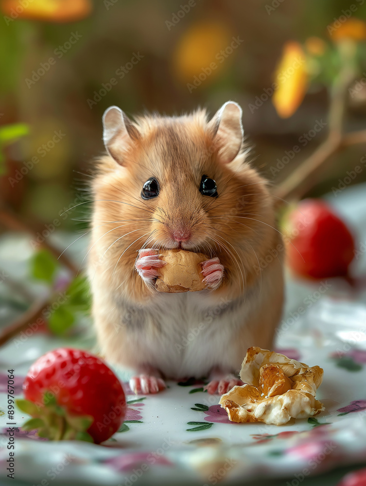 Cute hamster nibbling a snack with strawberry on a plate in nature, adorable and sweet pet Cute hamster nibbling a snack with strawberry on a plate in nature, adorable and sweet pet