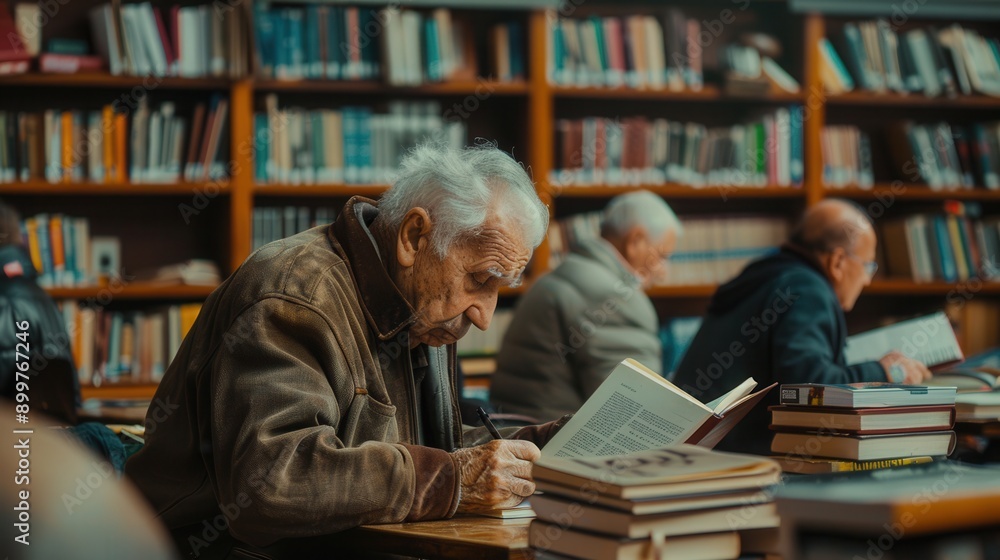 Elderly students study foreign languages with textbooks and dictionaries, focusing intently in a quiet library filled with shelves of books. Generative AI Elderly students study foreign languages with textbooks and dictionaries, focusing intently in a quiet library filled with shelves of books. Generative AI