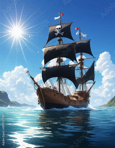 Sailing Ship with Pirate Flag and Sails