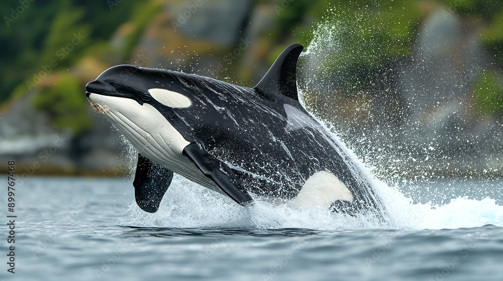 Obraz premium Orca whale jumping out of the ocean with a big splash, showcasing wildlife in its black and white glory