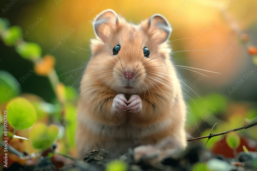 Cute hamster portrait with fur in nature, surrounded by green forest and wildlife background. Cute hamster portrait with fur in nature, surrounded by green forest and wildlife background.