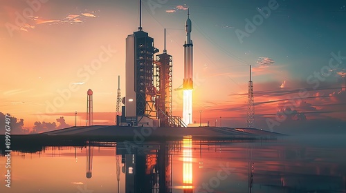 Futuristic space launch vehicle on rocket pad at sunset photo