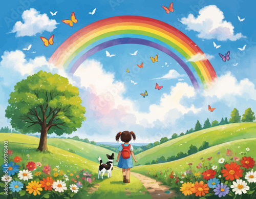 Rainbow-colored butterflies and a girl with a backpack walking through a lush green field with a dog, under a vibrant rainbow sky