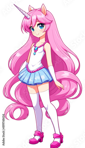 Pink-haired unicorn girl in a blue dress and white socks, standing with a smile and pink shoes