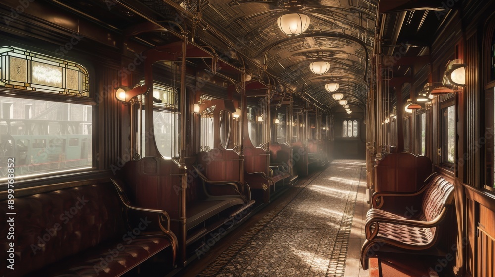 An elegant vintage train carriage features polished wooden seats, intricate metalwork, and soft lighting. The nostalgic ambiance invites travelers to imagine a journey back in time, experiencing the