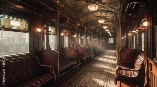Obraz na płótnie An elegant vintage train carriage features polished wooden seats, intricate metalwork, and soft lighting. The nostalgic ambiance invites travelers to imagine a journey back in time, experiencing the w salonie