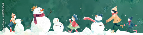 children's book watercolor illustration in Emerald green, minimalistic background with Snowman Building scene, children in warm coats, christmas and happy new year greeting card, poster, banner
