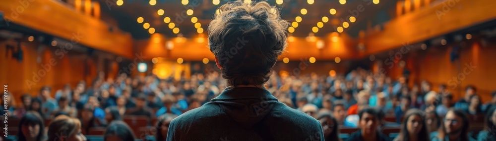 Motivational speaker addressing a packed auditorium Motivational speaker addressing a packed auditorium