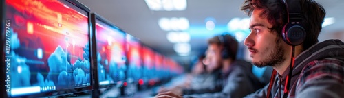 Modern computer lab with students focused on screens