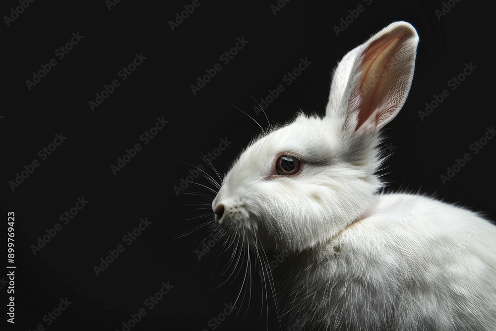 White Rabbit with Brown Eye and Pink Ear Against Black Background White Rabbit with Brown Eye and Pink Ear Against Black Background
