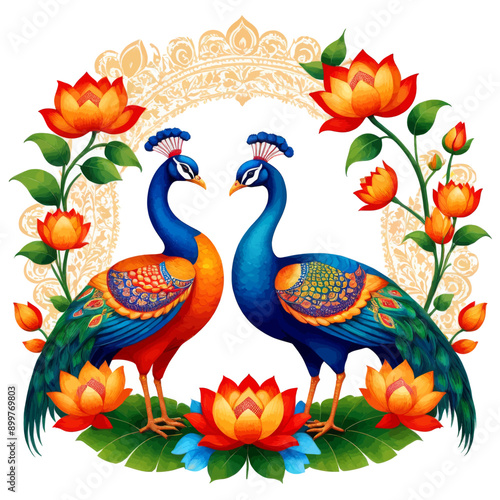 Peacocks in a floral setting with a golden border