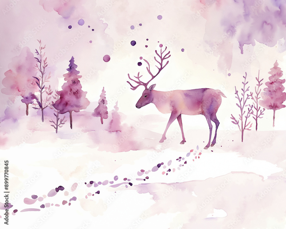 Beautiful deer stands in a snowy forest, creamy and purple colors, space for text, watercolour cozy illustration for xmas and happy new year card, poster, winter season background, print Beautiful deer stands in a snowy forest, creamy and purple colors, space for text, watercolour cozy illustration for xmas and happy new year card, poster, winter season background, print